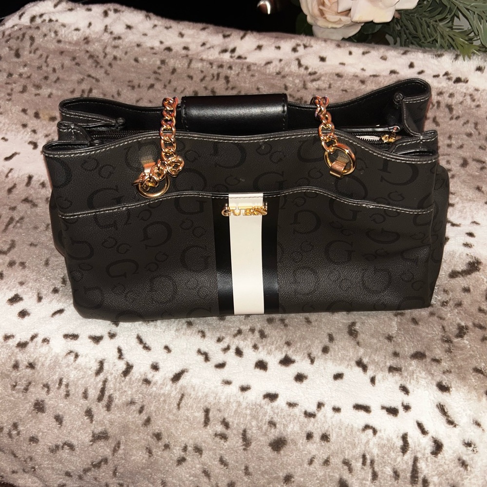 Guess Black Monogram Shoulder Tote with White Center Stripe